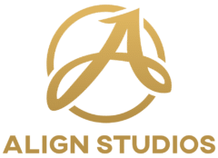 Align Studios logo featuring a stylized gold letter A within a circular emblem, with gold uppercase text on a black background